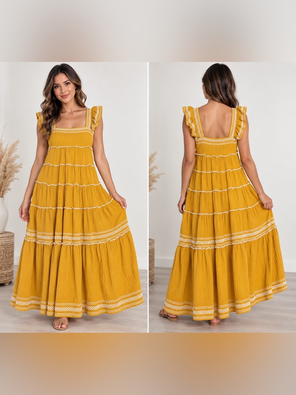 Olivaceous Mustard Yellow Tiered Ruffle Boho Maxi Dress Size S